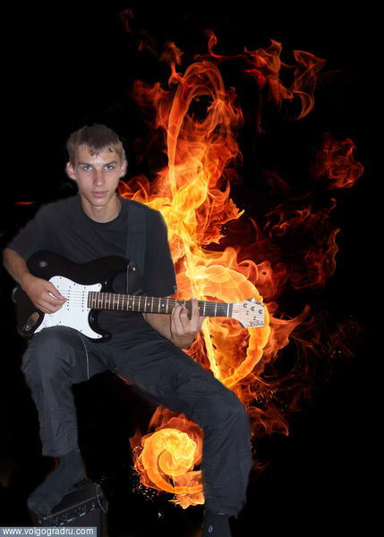 Гитара. гитара, огонь, скрипичный ключ