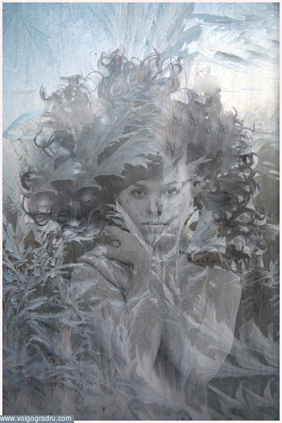 Коллаж- ледяные узоры и портрет девушки . арт, фотоарт, снежные узоры на окне